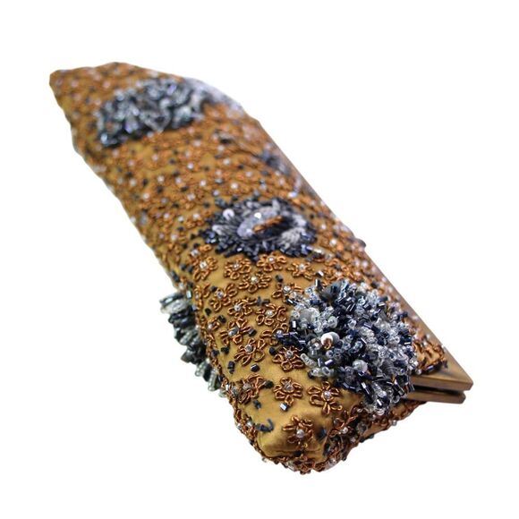 VINTAGE Santi BROWN CANVAS BEADED BEIGE BLUE WHITE FRAME KISS LOCK MEDIUM CLUTCH - Picture 5 of 10